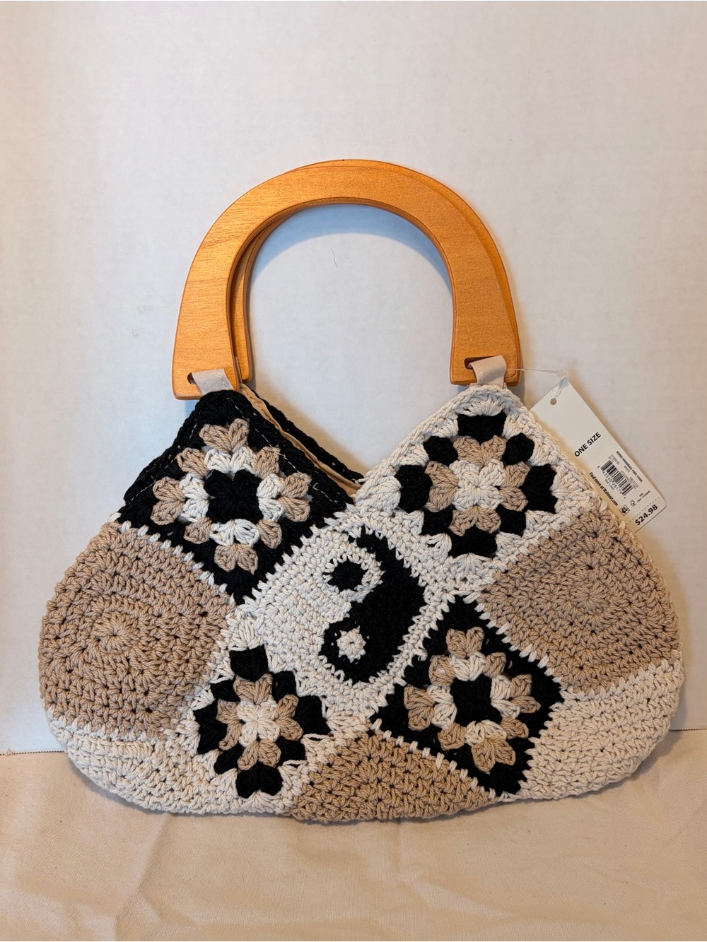 NWT Crochet Patchwork Tote Bag with Wooden Handles - Black, Cream, Tan